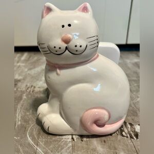 Vintage pottery cat napkin holder, pink and white
